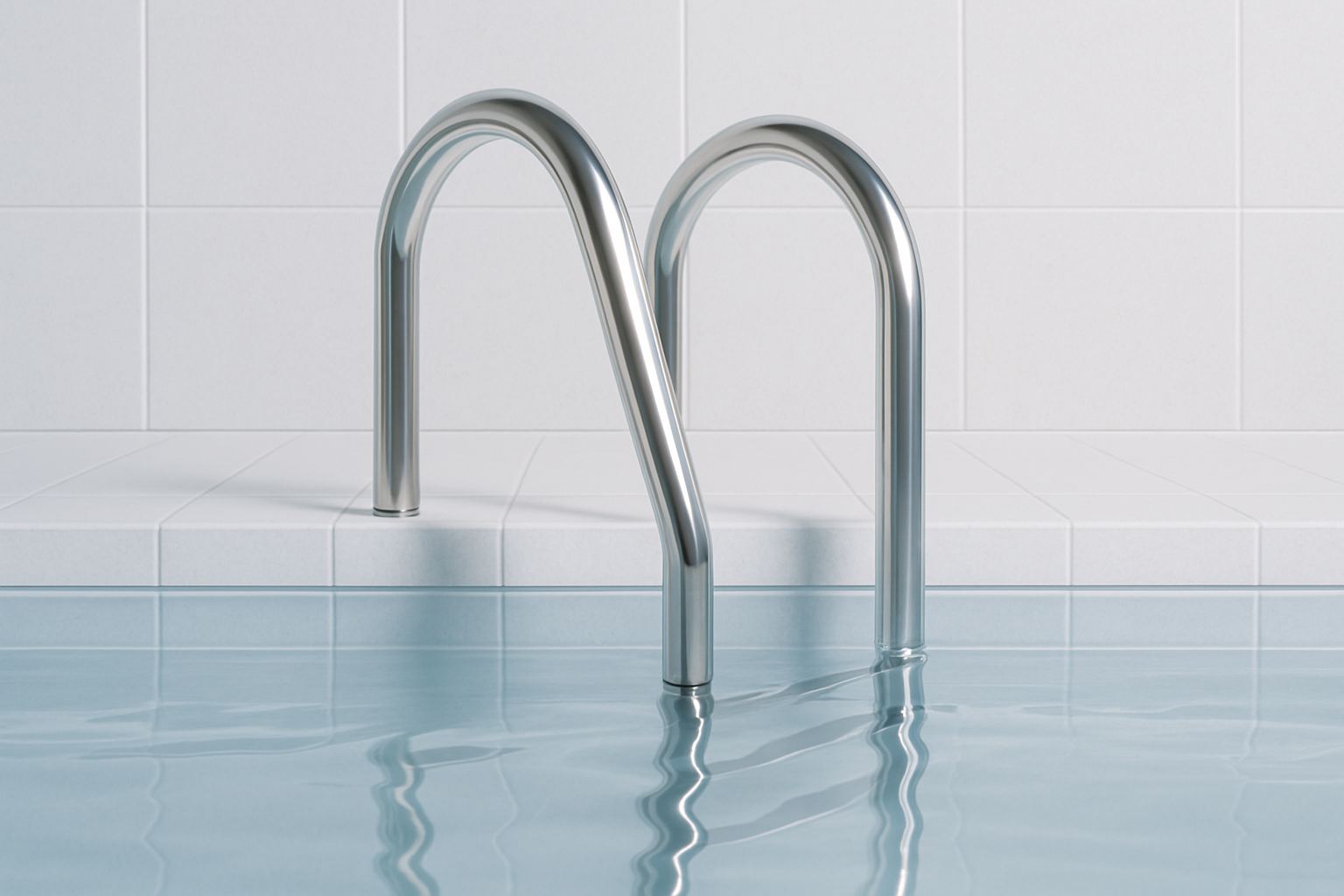 A stainless steel ladder rail entering clear water.