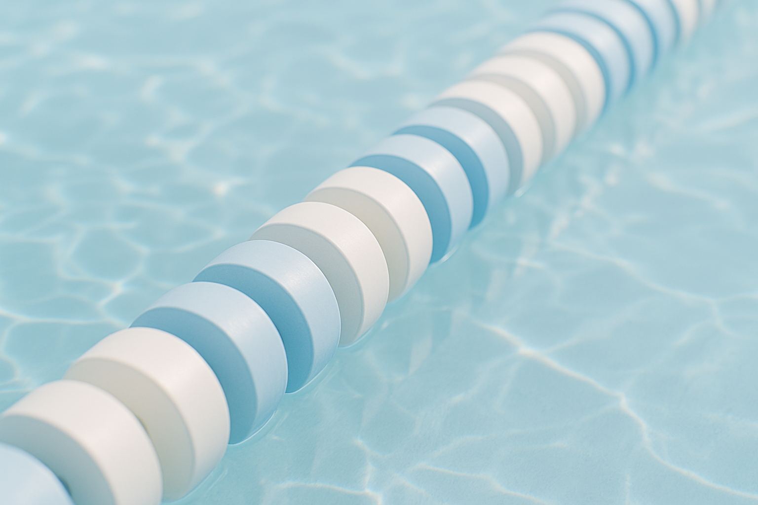 Lane rope floats resting on a clear water surface.
