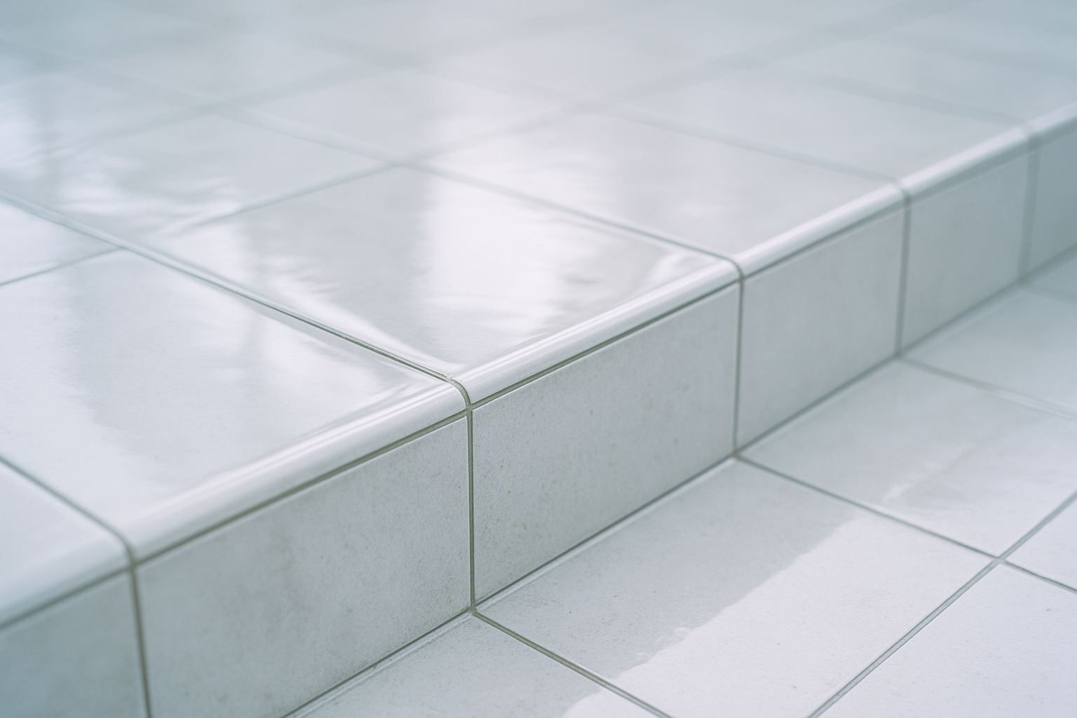 A wet tiled step edge with a thin film of water.